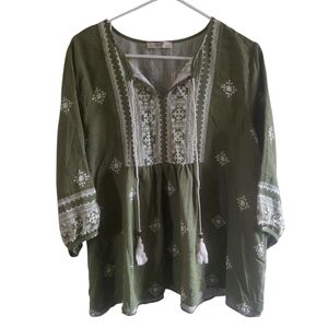 Vivilli  Olive Green Embroidered Print Boho Baby Doll Tunic with Tassels Size XL